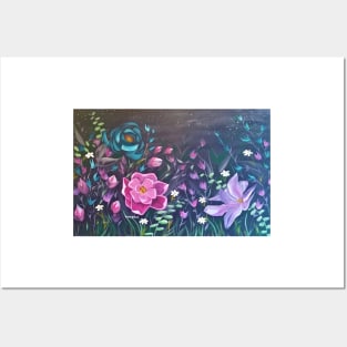 Moonlight Sonata, Glowing Flowers at Night, Bright Flowers on Black, Pink, Purple, Blue flowers, Floral Bedding, Floral Decor Posters and Art